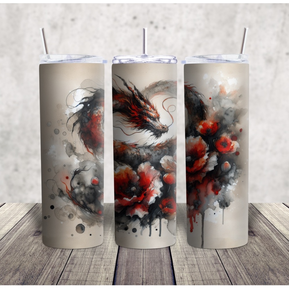 Hand Crafted Dragon Design Tumbler - Red, Black, and Gray